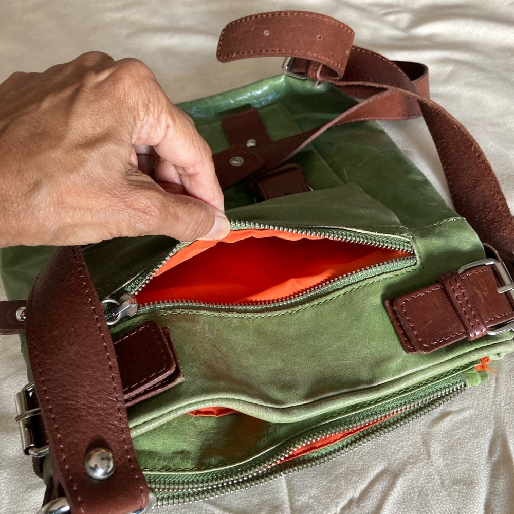Tano Green Canvas Shoulder Bag with Brown Leather Trim and Orange Lining